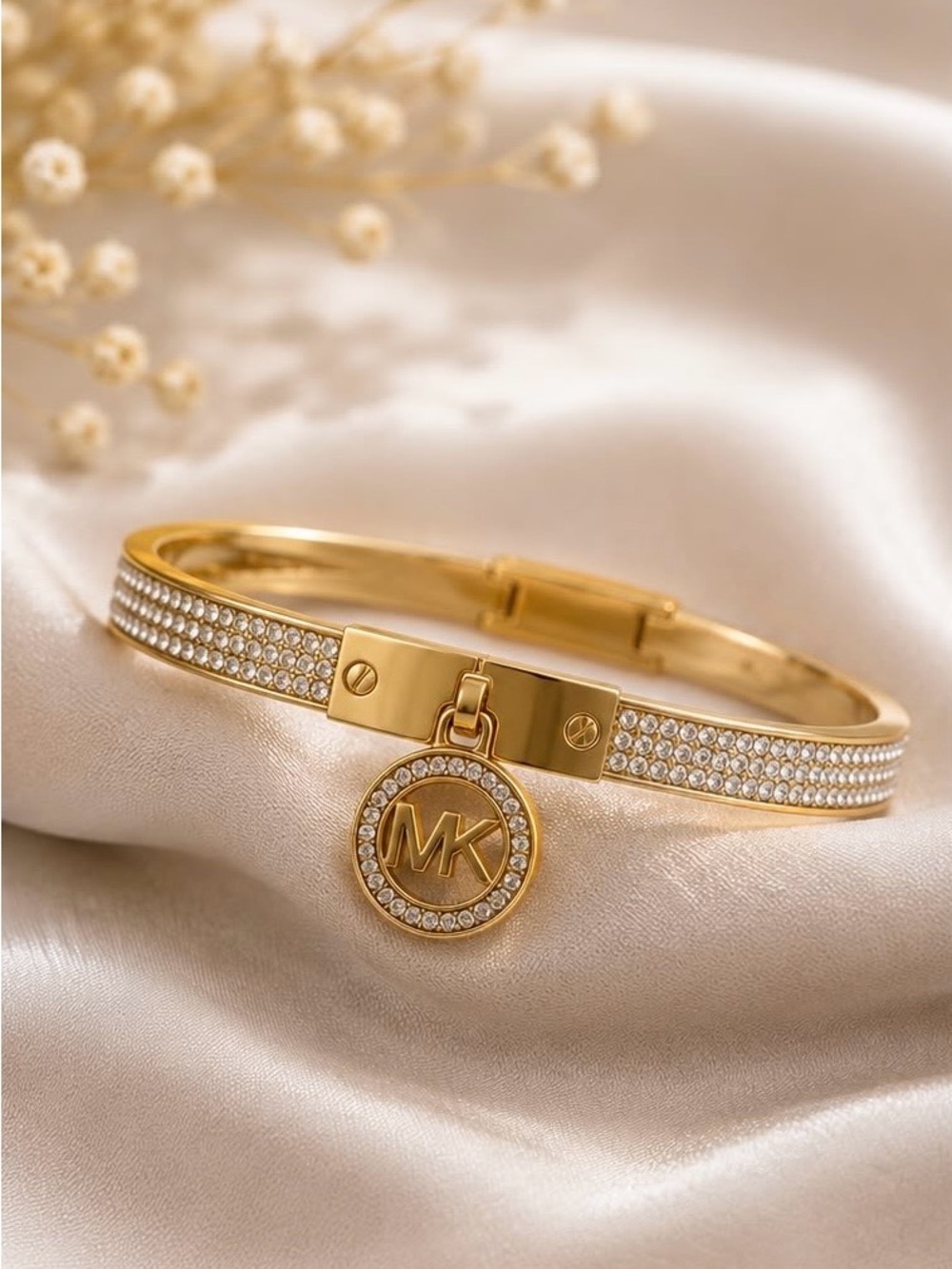 Michael Kors Gold Crystal Pavé MK Charm Bangle Bracelet